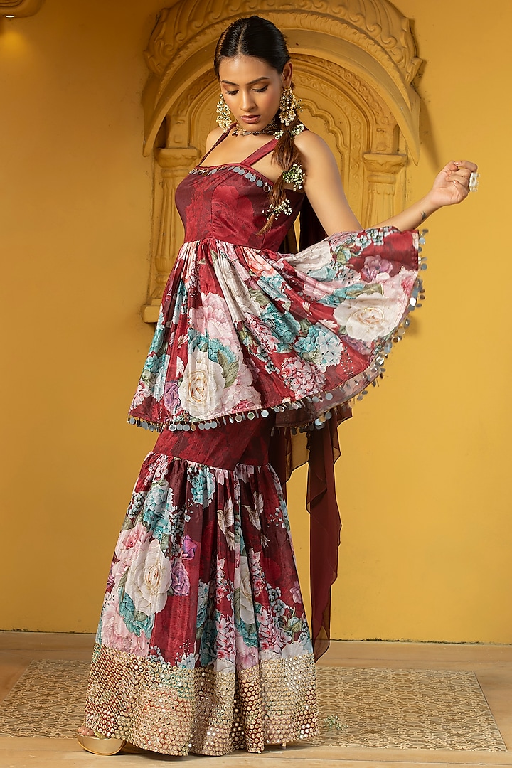 Maroon Georgette Floral Printed & Foil Work Party Wear Sharara Set by Monk & Mei at Pernia's Pop Up Shop