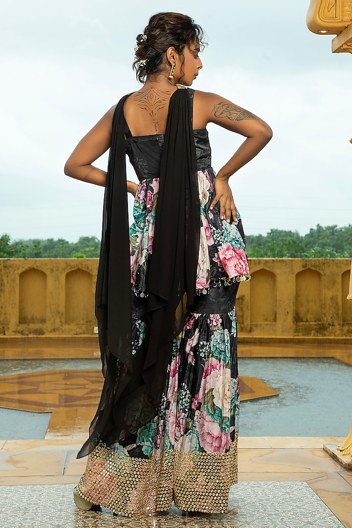 Black Georgette Floral Printed & Foil Work Party Wear Sharara Set by Monk & Mei at Pernia's Pop Up Shop