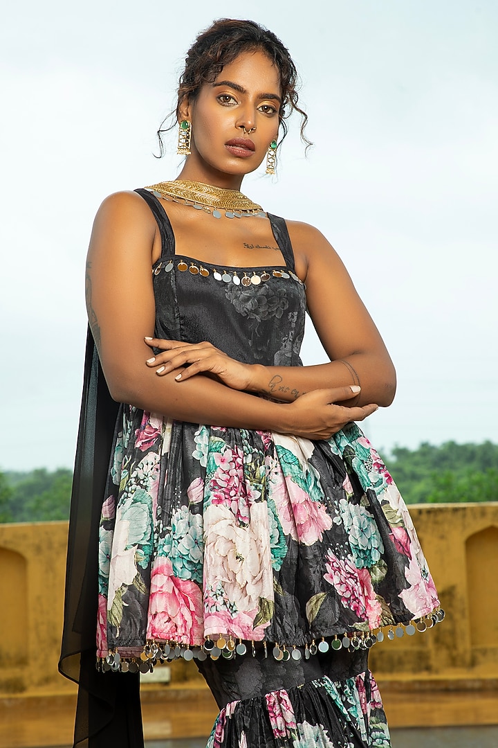 Black Georgette Floral Printed & Foil Work Party Wear Sharara Set by Monk & Mei at Pernia's Pop Up Shop