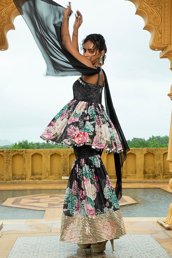 Black Georgette Floral Printed & Foil Work Party Wear Sharara Set by Monk & Mei at Pernia's Pop Up Shop