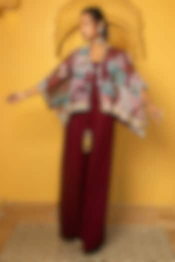 Maroon Georgette Jumpsuit With Floral Printed Cape by Monk & Mei at Pernia's Pop Up Shop