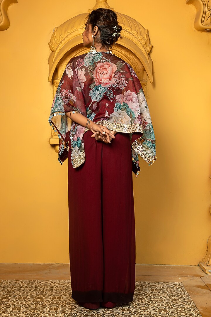 Maroon Georgette Jumpsuit With Floral Printed Cape by Monk & Mei at Pernia's Pop Up Shop