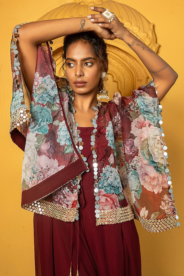 Maroon Georgette Jumpsuit With Floral Printed Cape by Monk & Mei at Pernia's Pop Up Shop
