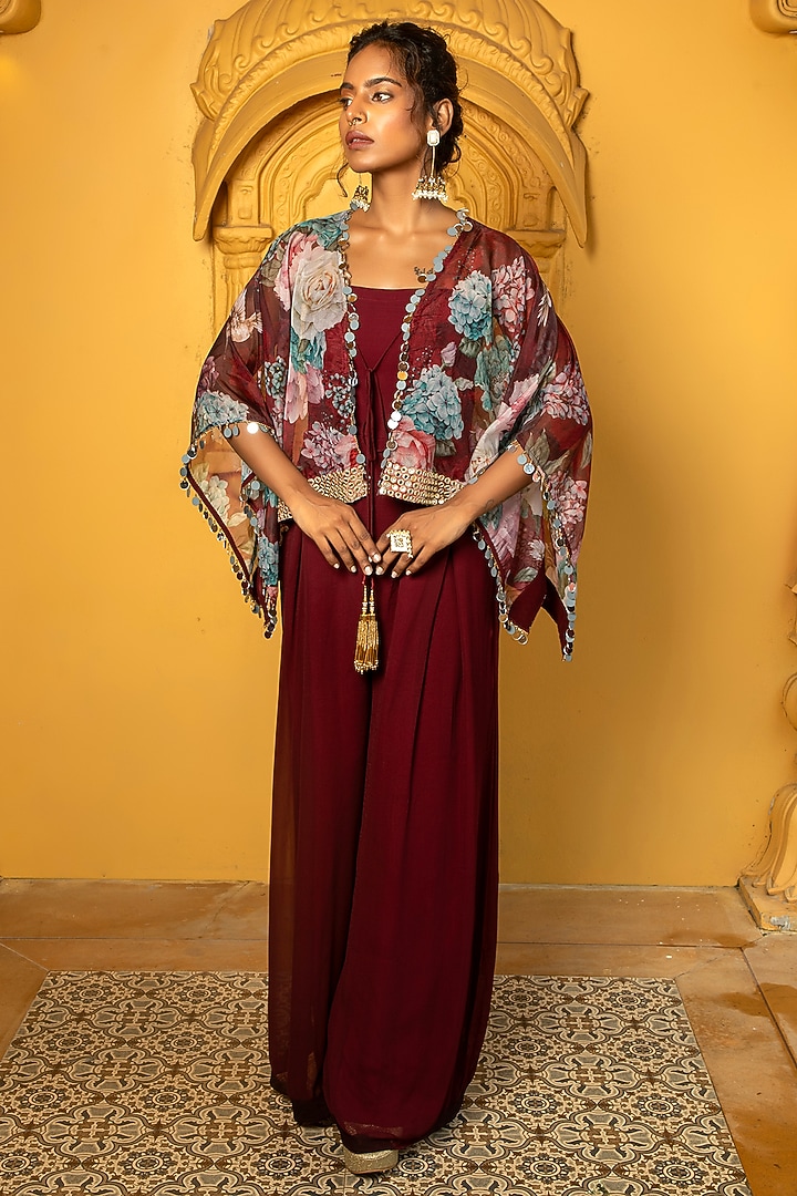 Maroon Georgette Jumpsuit With Floral Printed Cape by Monk & Mei at Pernia's Pop Up Shop