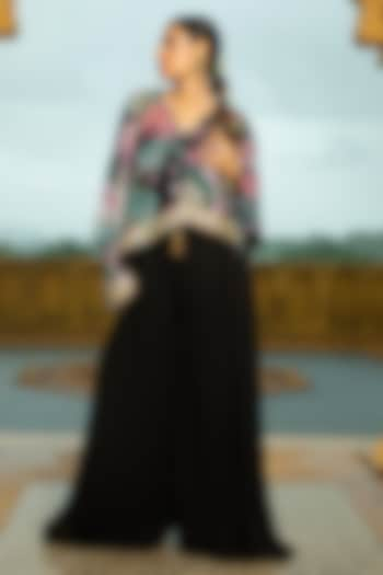 Black Georgette Jumpsuit With Floral Printed Cape by Monk & Mei at Pernia's Pop Up Shop