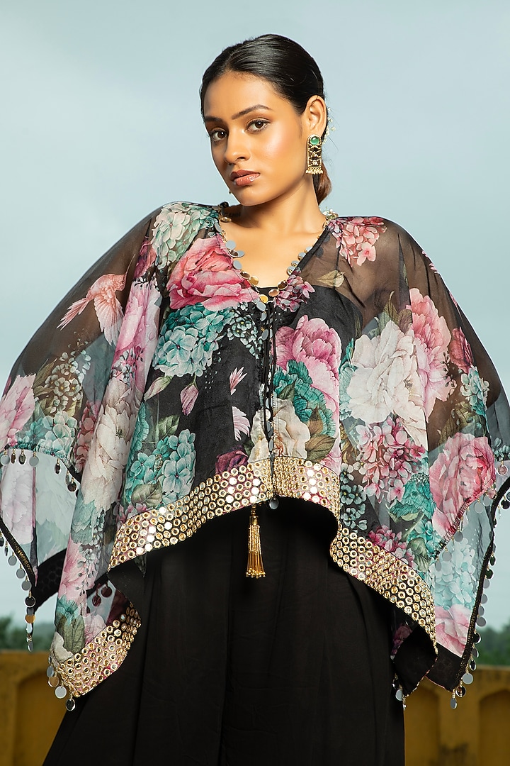 Black Georgette Jumpsuit With Floral Printed Cape by Monk & Mei at Pernia's Pop Up Shop