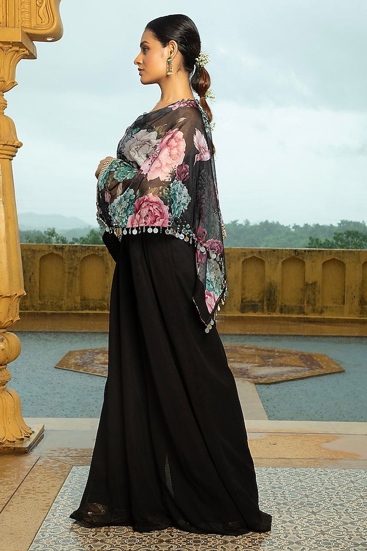 Black Georgette Jumpsuit With Floral Printed Cape by Monk & Mei at Pernia's Pop Up Shop