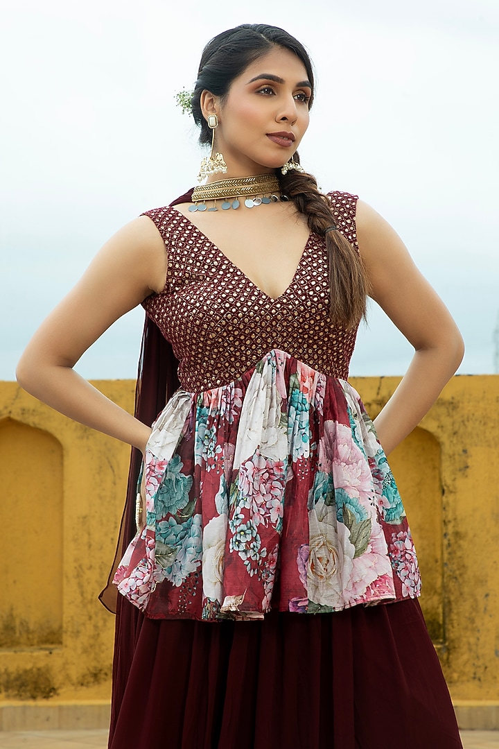 Maroon Georgette Sharara Set by Monk & Mei at Pernia's Pop Up Shop