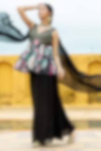 Black Georgette Sharara Set by Monk & Mei at Pernia's Pop Up Shop