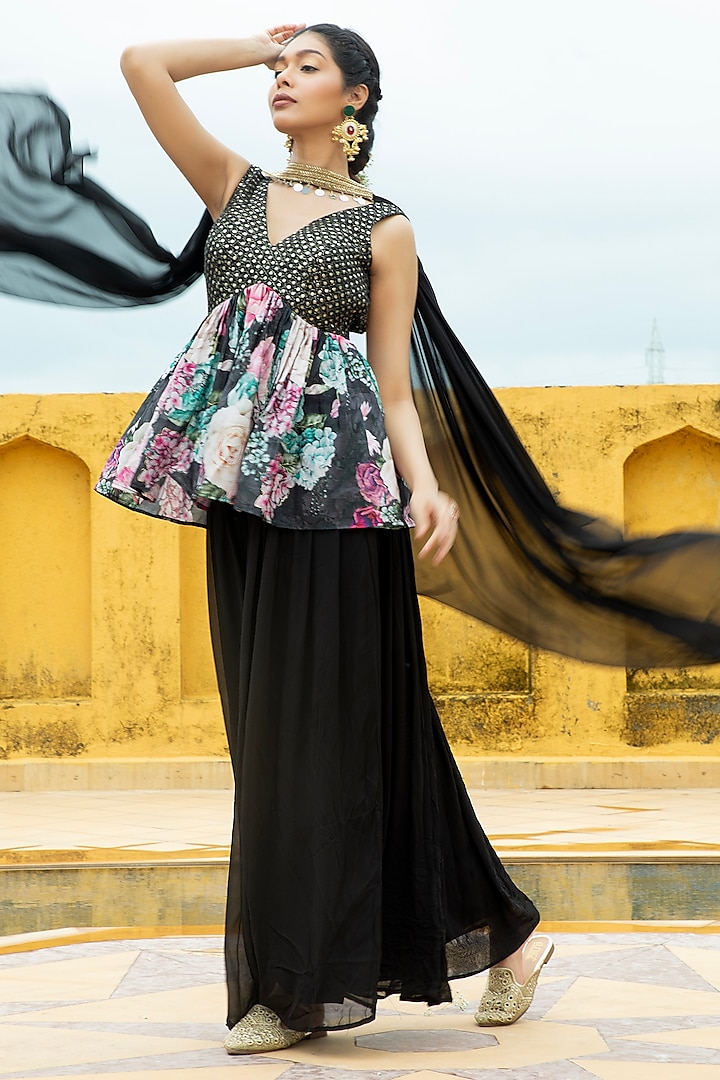 Black Georgette Sharara Set by Monk & Mei at Pernia's Pop Up Shop