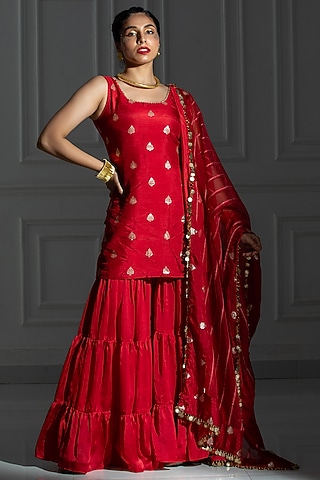 Rose Red Satin Silk Flared Sharara Set by Monk & Mei