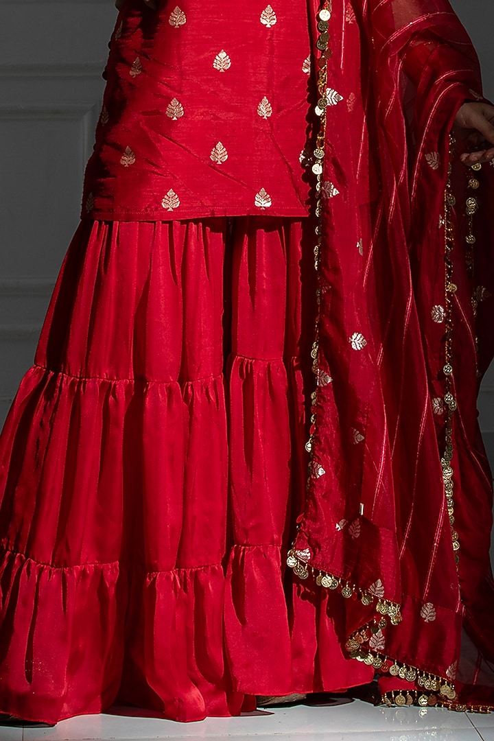 Rose Red Satin Silk Flared Sharara Set by Monk & Mei at Pernia's Pop Up Shop