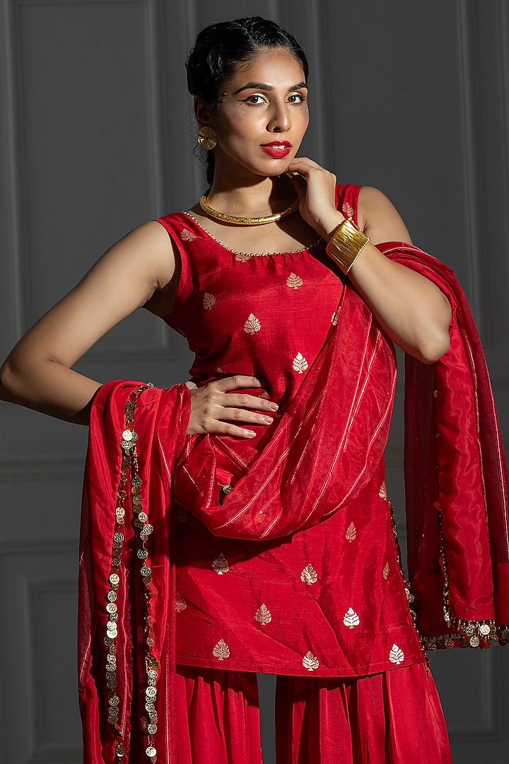 Rose Red Satin Silk Flared Sharara Set by Monk & Mei at Pernia's Pop Up Shop