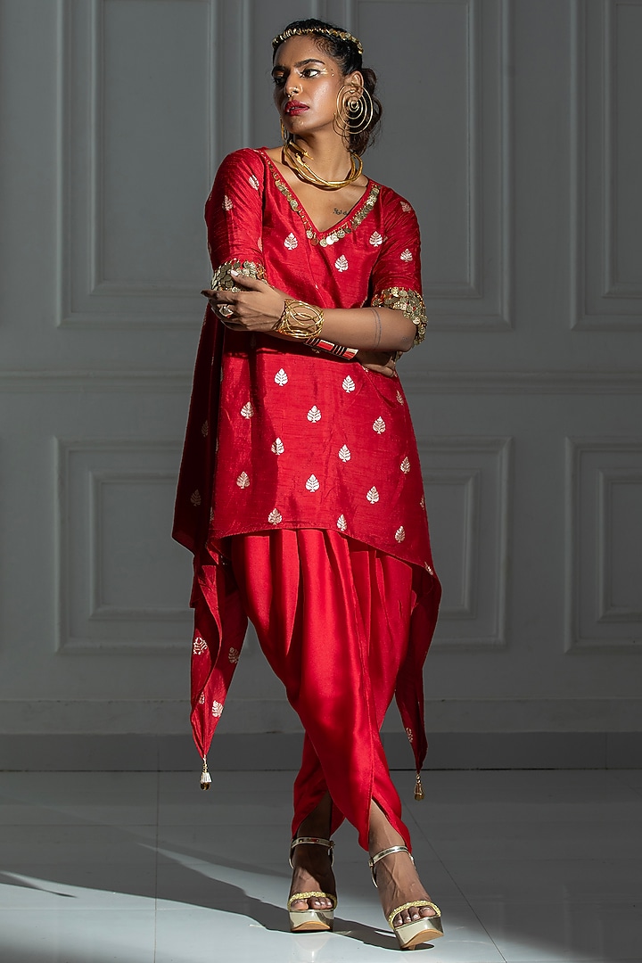 Rose Red Brocade Embroidered High-Low Kurta Set by Monk & Mei at Pernia's Pop Up Shop