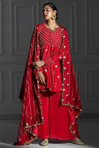 Rose Red Silk Palazzo Pant Set by Monk & Mei