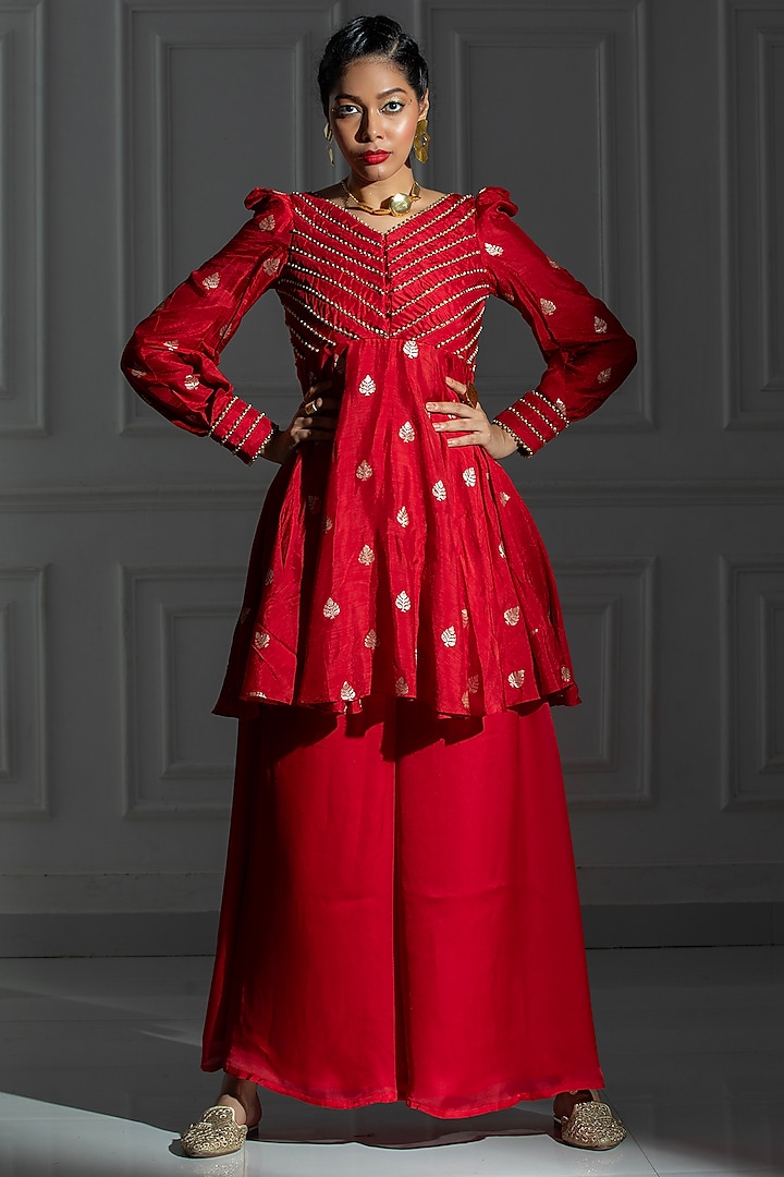 Rose Red Silk Palazzo Pant Set by Monk & Mei at Pernia's Pop Up Shop