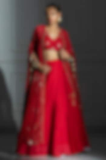 Rose Red Satin Silk Jacket Lehenga Set by Monk & Mei