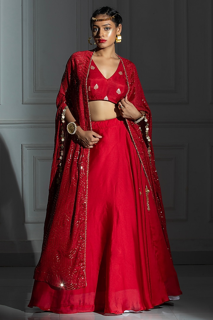 Rose Red Satin Silk Jacket Lehenga Set by Monk & Mei