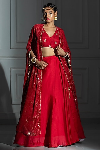 Rose Red Satin Silk Jacket Lehenga Set by Monk & Mei