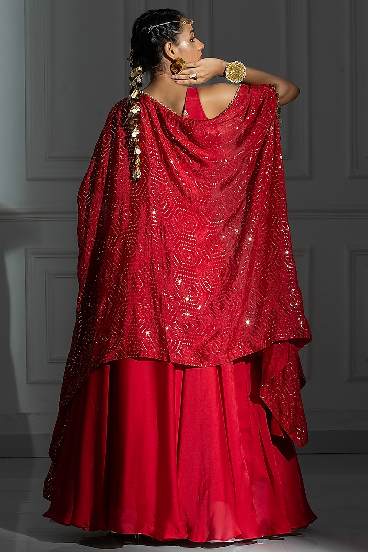 Rose Red Satin Silk Jacket Lehenga Set by Monk & Mei at Pernia's Pop Up Shop