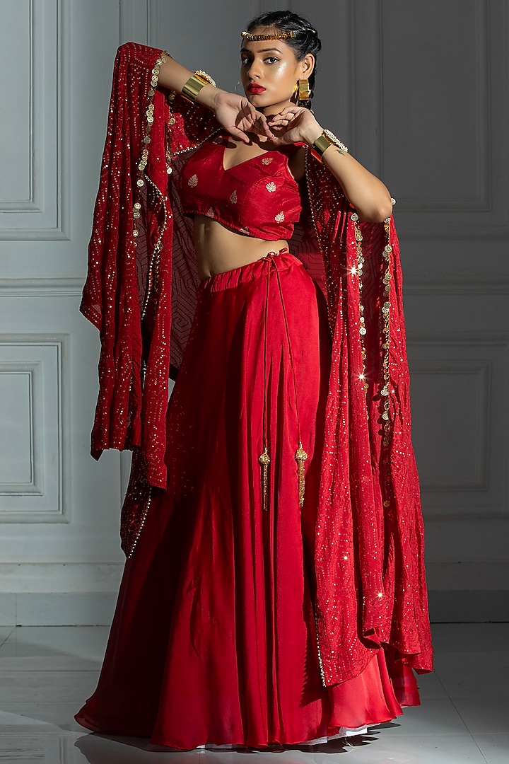 Rose Red Satin Silk Jacket Lehenga Set by Monk & Mei at Pernia's Pop Up Shop
