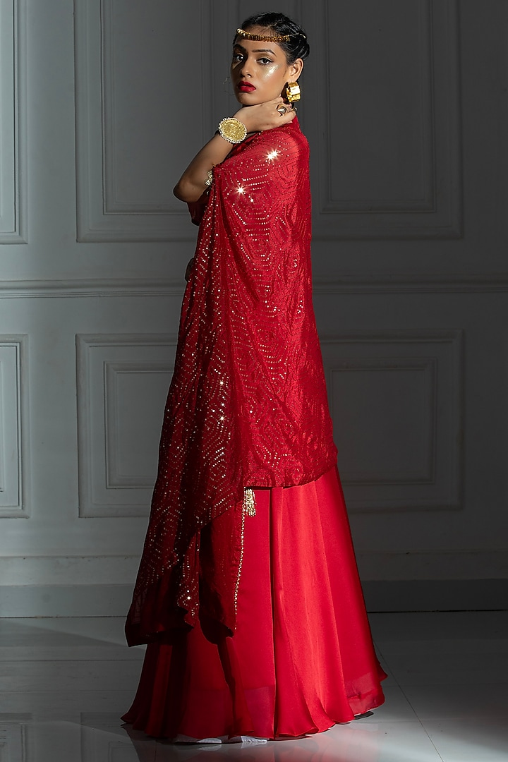 Rose Red Satin Silk Jacket Lehenga Set by Monk & Mei at Pernia's Pop Up Shop