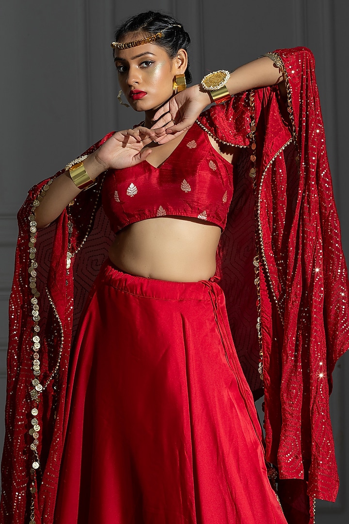 Rose Red Satin Silk Jacket Lehenga Set by Monk & Mei at Pernia's Pop Up Shop