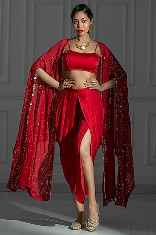 Rose Red Organza Sequins Embroidered Cape Set by Monk & Mei