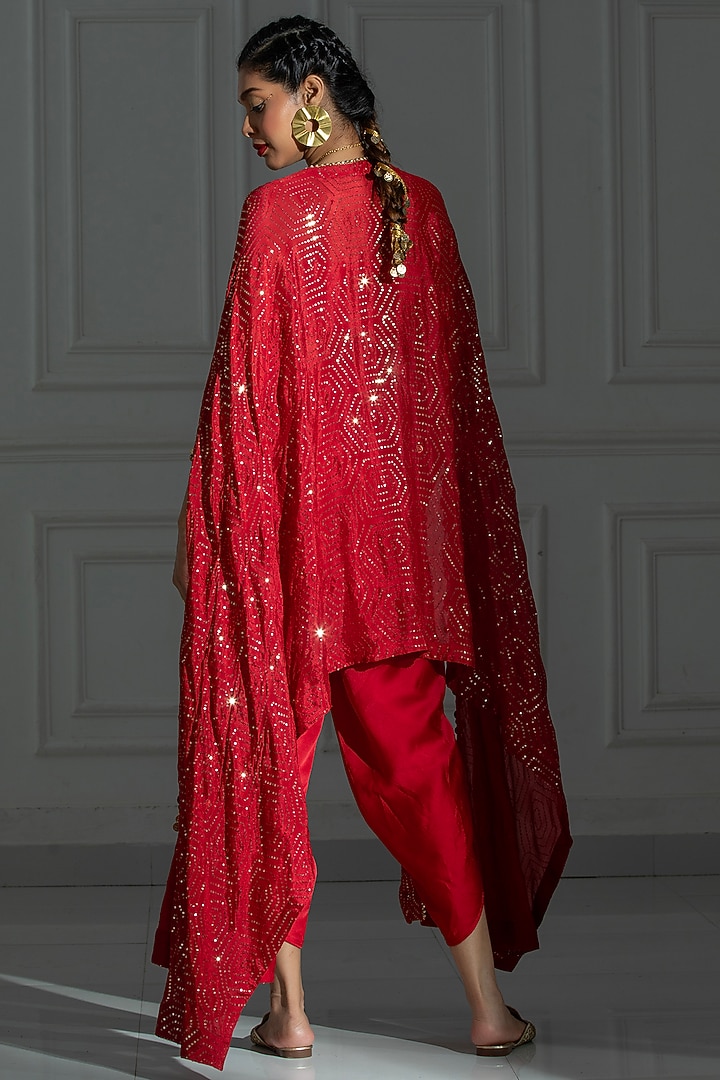 Rose Red Organza Sequins Embroidered Cape Set by Monk & Mei at Pernia's Pop Up Shop