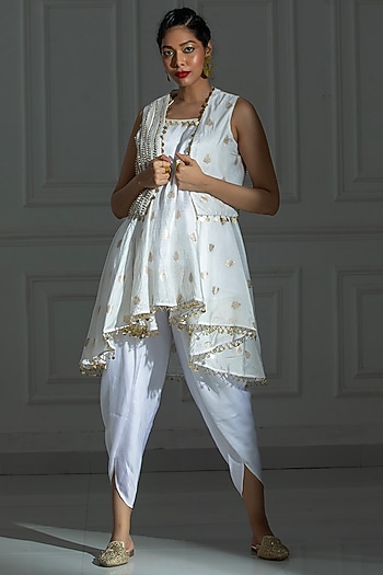 Ivory White Satin Silk Tulip Dhoti Set by Monk & Mei at Pernia's Pop Up Shop