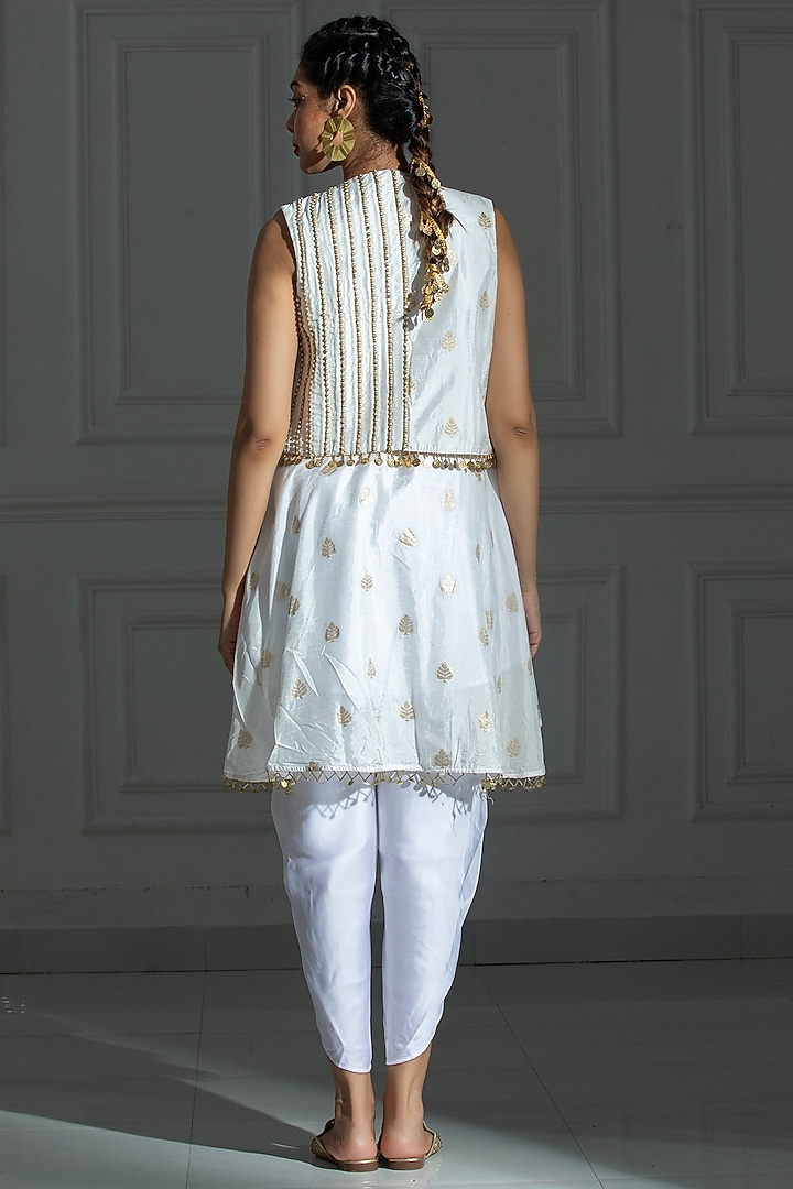 Ivory White Satin Silk Tulip Dhoti Set by Monk & Mei at Pernia's Pop Up Shop