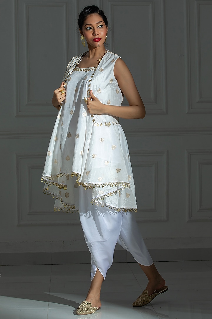 Ivory White Satin Silk Tulip Dhoti Set by Monk & Mei at Pernia's Pop Up Shop