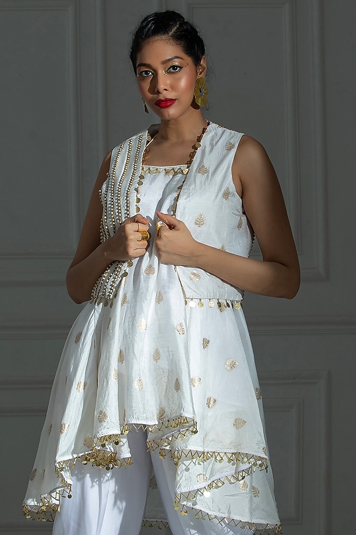Ivory White Satin Silk Tulip Dhoti Set by Monk & Mei at Pernia's Pop Up Shop
