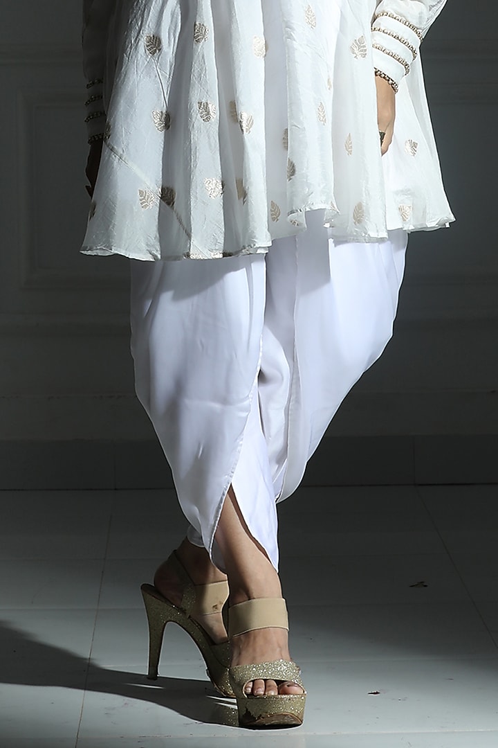 Ivory White Satin Silk Tulip Dhoti Set by Monk & Mei at Pernia's Pop Up Shop
