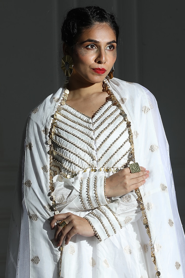 Ivory White Satin Silk Tulip Dhoti Set by Monk & Mei at Pernia's Pop Up Shop