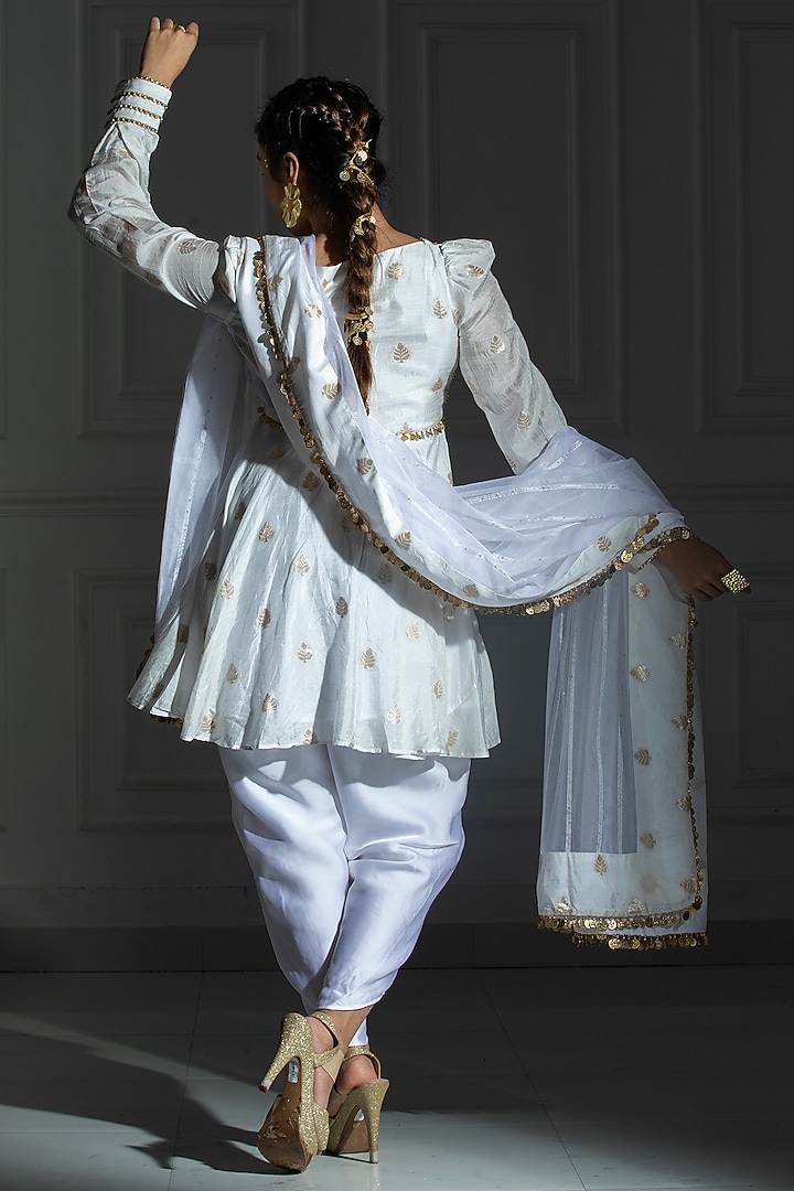 Ivory White Satin Silk Tulip Dhoti Set by Monk & Mei at Pernia's Pop Up Shop