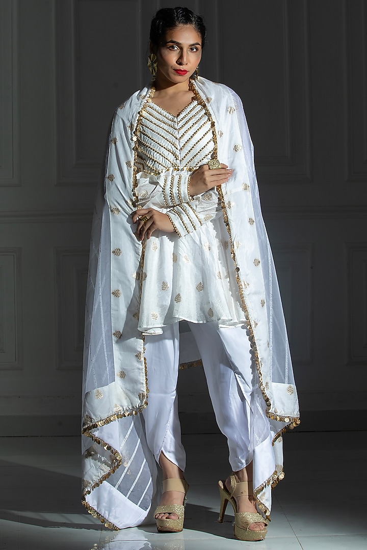 Ivory White Satin Silk Tulip Dhoti Set by Monk & Mei at Pernia's Pop Up Shop