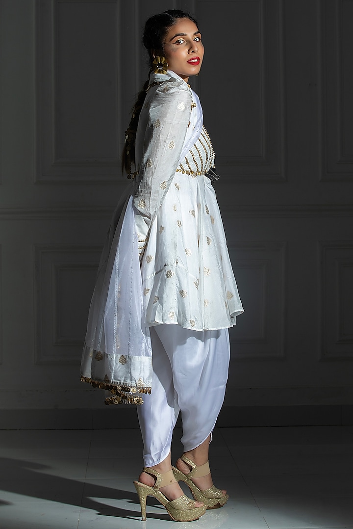 Ivory White Satin Silk Tulip Dhoti Set by Monk & Mei at Pernia's Pop Up Shop