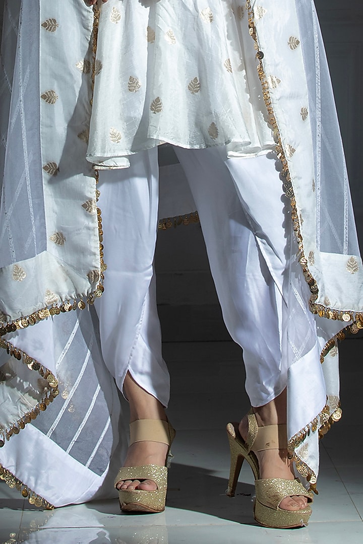 Ivory White Satin Silk Tulip Dhoti Set by Monk & Mei at Pernia's Pop Up Shop