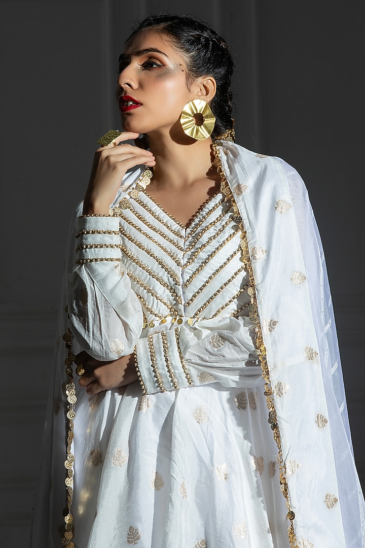 Ivory White Satin Silk Tulip Dhoti Set by Monk & Mei at Pernia's Pop Up Shop