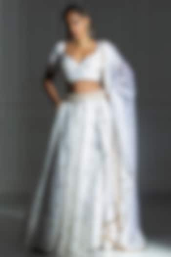 Ivory White Blended Silk & Brocade Embroidered Lehenga Set by Monk & Mei at Pernia's Pop Up Shop