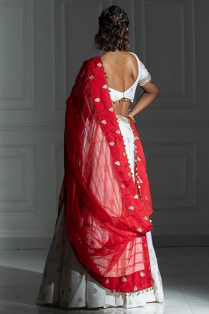 Ivory White Blended Silk & Brocade Embroidered Lehenga Set by Monk & Mei at Pernia's Pop Up Shop