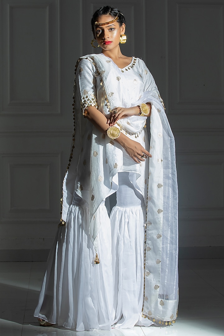 Ivory White Satin Silk Sharara Set by Monk & Mei