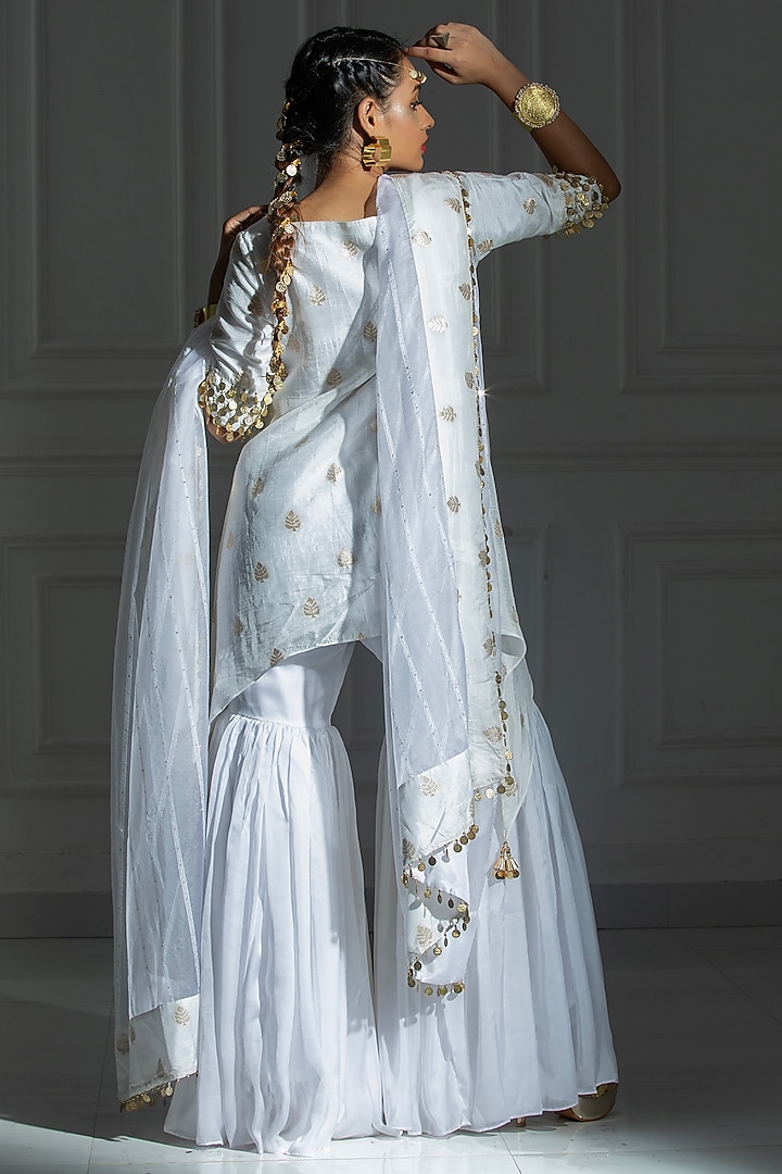 Ivory White Satin Silk Sharara Set by Monk & Mei at Pernia's Pop Up Shop