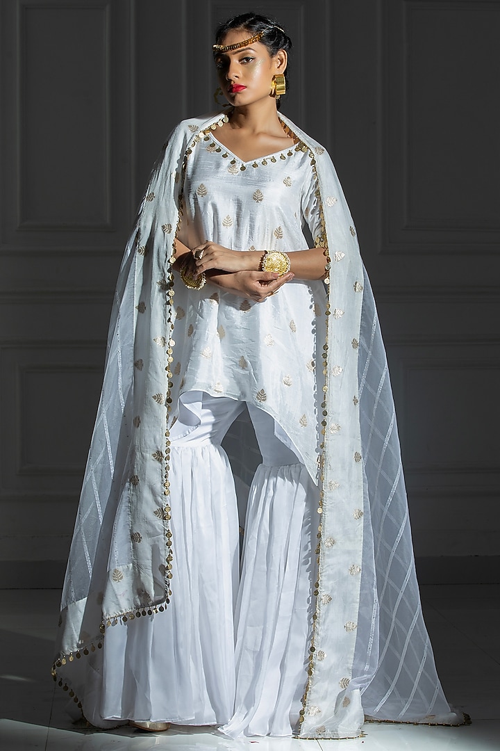 Ivory White Satin Silk Sharara Set by Monk & Mei at Pernia's Pop Up Shop