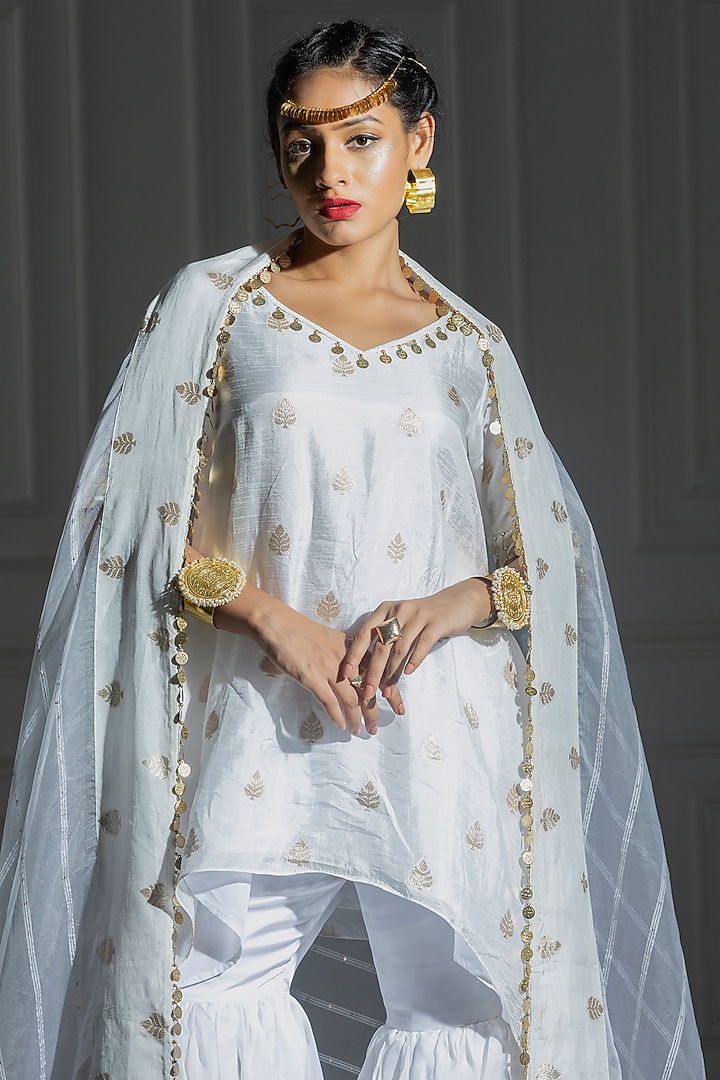 Ivory White Satin Silk Sharara Set by Monk & Mei at Pernia's Pop Up Shop