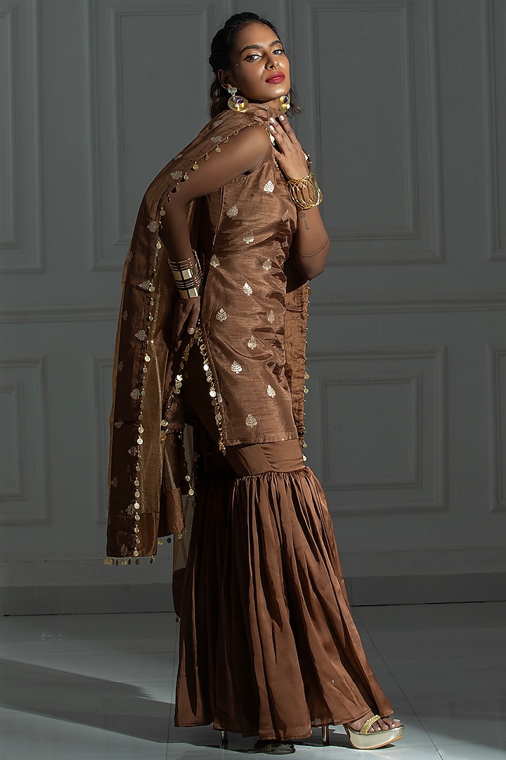 Chocolate Brown Satin Silk Flared Sharara Set by Monk & Mei at Pernia's Pop Up Shop