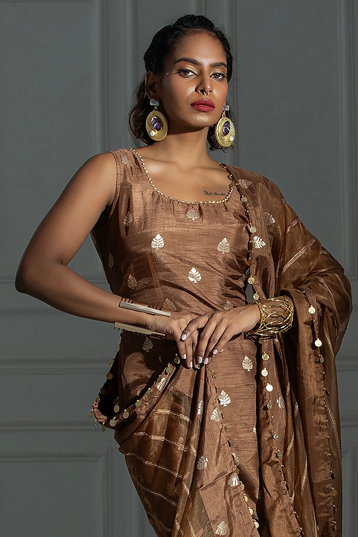 Chocolate Brown Satin Silk Flared Sharara Set by Monk & Mei at Pernia's Pop Up Shop