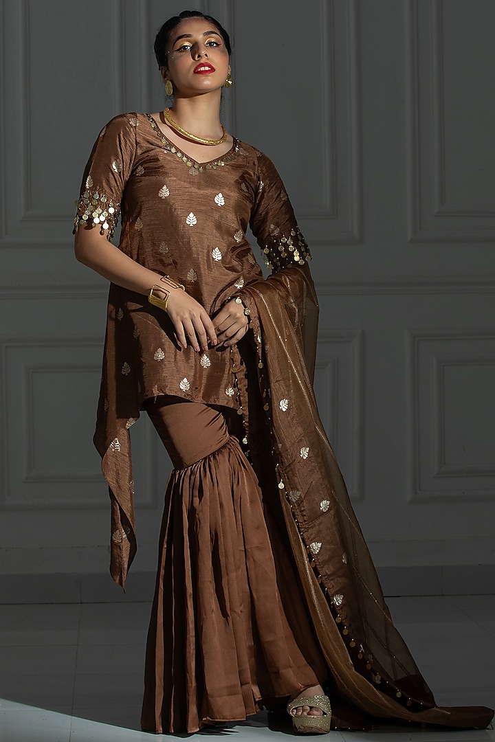 Chocolate Brown Satin Silk Flared Sharara Set by Monk & Mei at Pernia's Pop Up Shop