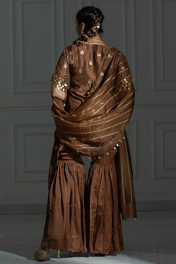 Chocolate Brown Satin Silk Flared Sharara Set by Monk & Mei at Pernia's Pop Up Shop